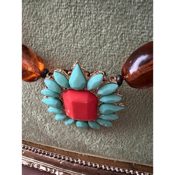 Boho Statement Necklace Mixed Beads Vintage Red & Turquoise pendant Handmade - Picture 2 of 7